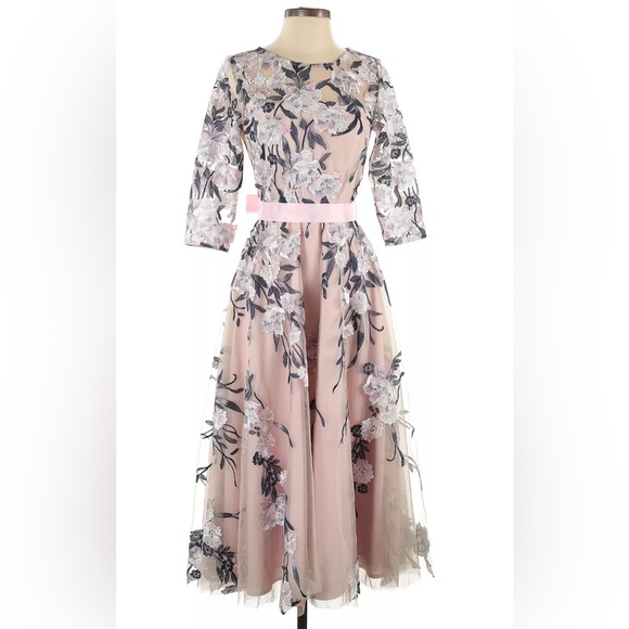 Embroidered Garden Party Outdoor Wedding Bridesmaid Floral Midi Tea Length Dress - Picture 4 of 16